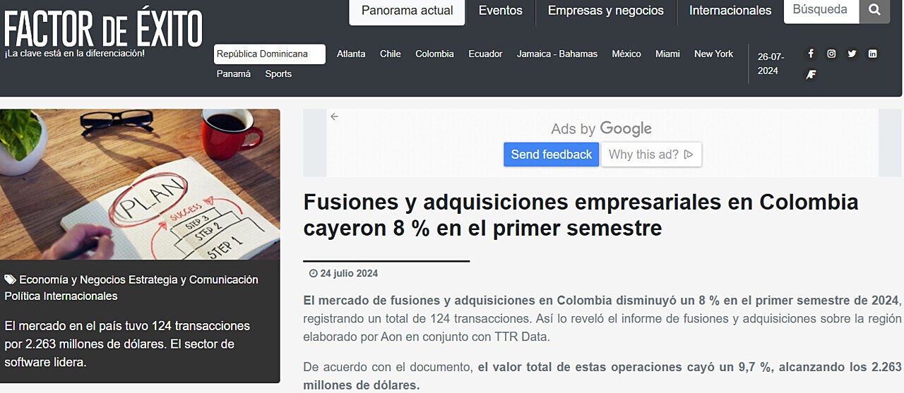 Fusiones y adquisiciones empresariales en Colombia cayeron 8 % en el primer semestre